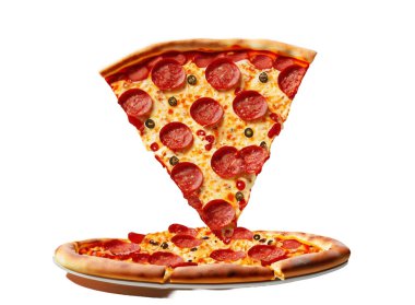 Beyaz arka planda izole edilmiş taze İtalyan klasik peperoni pizza dilimi. Yüksek kaliteli resim