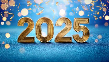 Yeni yıl 2025 kutlaması. Mavi şenlik arka planında 2025 altın sayı. Parti için yaratıcı bir tatil şablonu, tebrik kartı, broşür, reklam. Parlak yeni yıl afişi. Yüksek kaliteli resim