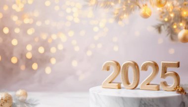 Noel ve Yeni Yıl kartı. Tatil geçmişinde 2025 numara. Noel ışıkları arka planda. Tatil kartpostalı. Mutlu yıllar 2025 Kart Konsepti. Yüksek kaliteli resim