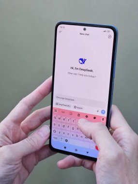 Travnik, Bosna-Hersek, 02.08.2025: Uzakdoğulu kadınların ellerini DeepSeek uygulaması kullanarak izole edilmiş bir arkaplanda, gerçek bir fotoğraftaki muhakeme sorununu çözmek için telefonla kapatın. Yüksek kalite fotoğraf