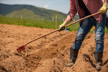 Baharda tarım alanında çalışan bir çiftçi. Yüksek kalite fotoğraf