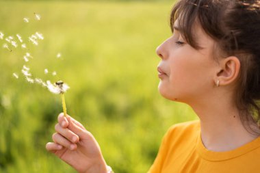 Bahar parkında karahindiba üfleyen mutlu bir kız. Yüksek kalite fotoğraf