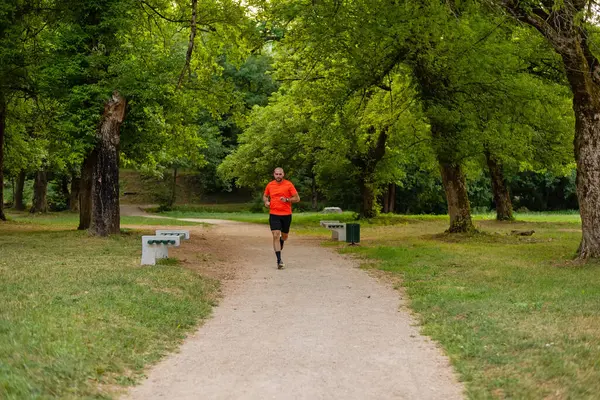 Sportif bir adam parkta koşuyor ya da koşuyor. Yüksek kalite fotoğraf