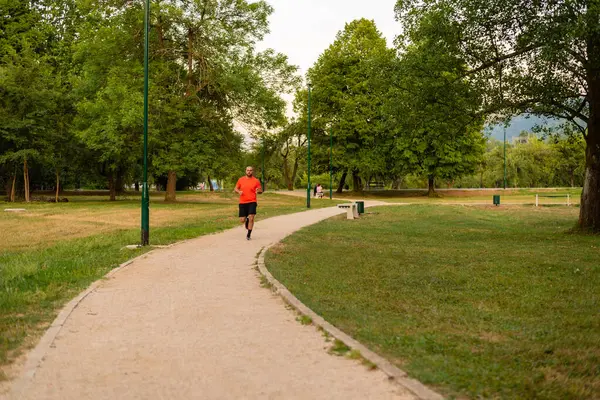 Sportif bir sporcu parkta koşuyor ya da koşuyor, aktif ve sağlıklı bir yaşam tarzı var. Yüksek kalite fotoğraf