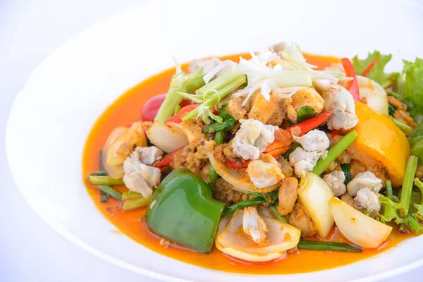Cibo Preferito Thailandese Mescolare Merda Fritta Con Curry Sul Piatto — Foto Stock