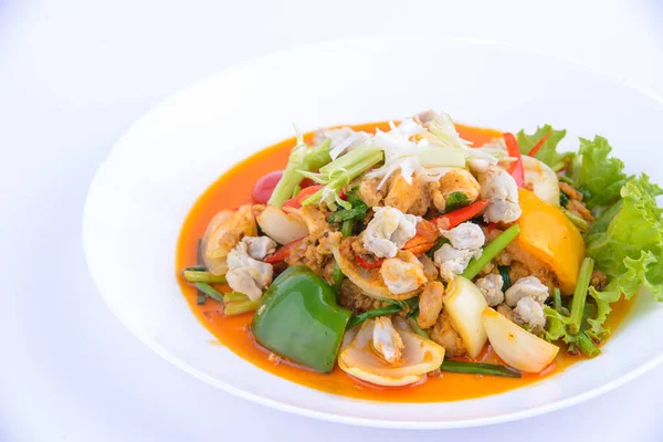 Comida Favorita Tailandesa Revuelva Mierda Frita Con Curry Plato Blanco — Foto de Stock