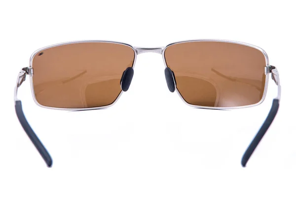 Fashion Sunglasses Silver Frame Brown Lens White Background — Stok fotoğraf