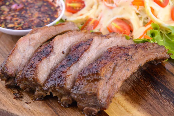 Roasted Pork Steak Wooden Plate Thai Sauce — Stock Photo, Image