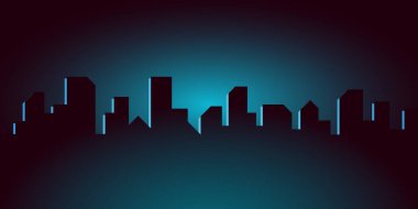 Karanlık bir gece şehri, mavi bir arka planda, web sitesi afişleri için. Vektör renk illüstrasyonu.