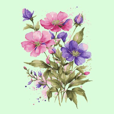  Dekoratif çiçek aranjmanı, arka plan, baskı. Yeşil arka planda çiçekler. Modaya uygun renk vektörü çizimi.