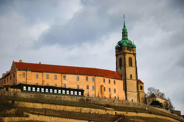Chateau Melnik Télen Labe Moldva Folyó Összefolyása Feletti Dombon Csehországban — Stock Fotó