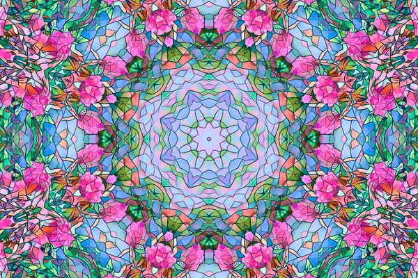 abstract psychedelic symmetric pattern ornamental decorative kaleidoscope movement geometric circle and star shapes. Flower photography digitally transformed into a mosaic painting then kaleidoscope effect applied to get a mandala