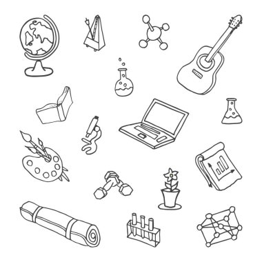 Vektör çizimi. Etkinlik nesneleri: gitar, dambıl, yoga minderi, metronom, defter, mikroskop, dünya, fırça, molekül, dizüstü bilgisayar. El çizimi siyah beyaz çizim