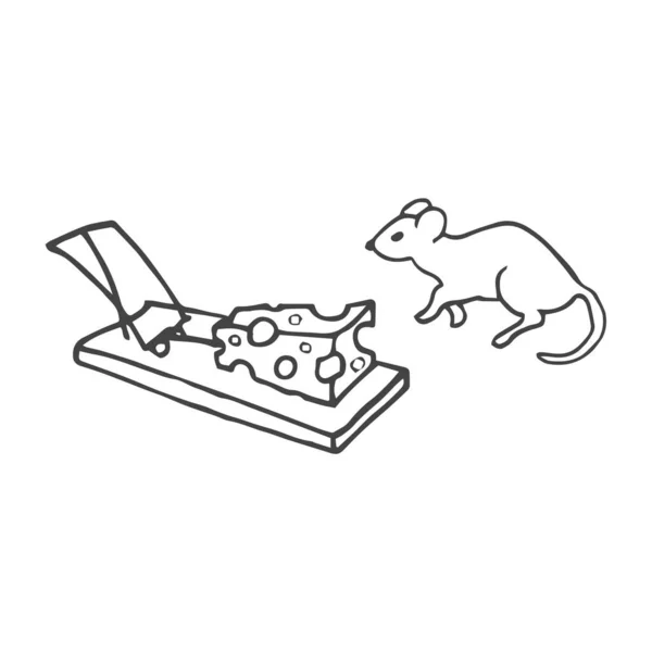 Векторная Иллюстрация Мультяшной Мыши Рядом Мышеловкой Сыром Черно Белая Иллюстрация — стоковый вектор