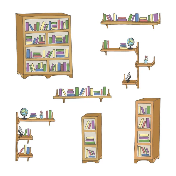Vector Illustration Set Bookcases Bookshelves Books Other Objects Hand Drawn — Stock Vector