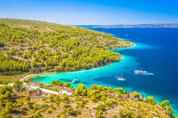 Hırvatistan 'ın Brac Adası' ndaki Bobovisca na Moru 'daki tenha bir koyda, turkuaz Adriyatik suları, kayalık kıyılar ve huzurlu bir Akdeniz ortamında bereketli yaz bitkilerini gösteren hava manzarası
