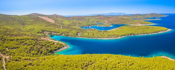 Hırvatistan 'ın Hvar Adası' ndaki Pokrivenik Körfezi 'nin hava panoramik insansız hava aracı görüntüsü, tenha körfezler ve banklar, güzel kayalık kıyı şeridi ve huzurlu bir Akdeniz ortamında yeşil bitki örtüsü yer alıyor.
