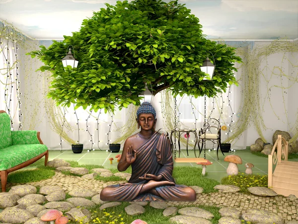 stock image 3d wallpaper , 3d background with tree , buddha meditation under the tree