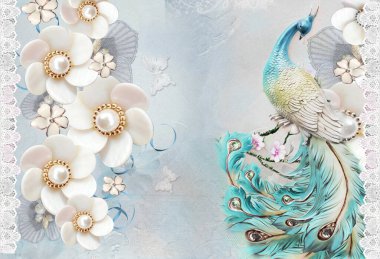 3D duvar kağıdı, soyut arkaplan güzel çiçekler ve tavus kuşu desenli