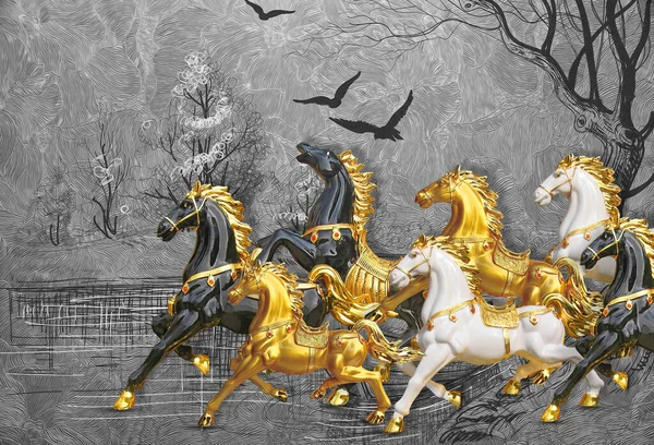 Обои Масляная Живопись Фон Семью Лошадьми — стоковое фото