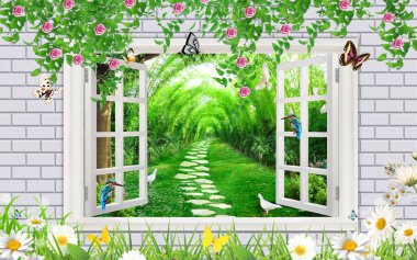 3 boyutlu duvar kağıdı, pencereli tuğlalar, duvarda yapraklar ve çiçekler, pencereden güzel manzara.