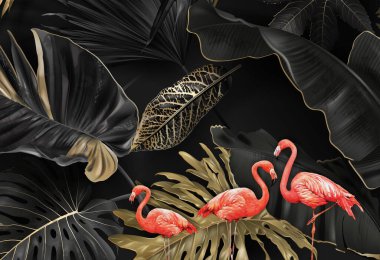 3 boyutlu duvar kağıdı tasarımı, yağlı boya flamingolu altın ve siyah tropikal yapraklar.