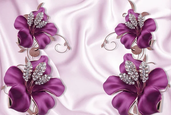 3d wallpaper , silk background with beautiful purple flowers on branch