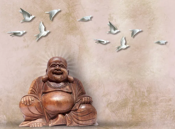 3D wallpaper , texture background with laughing buddha and white birds , custom wallpaper design