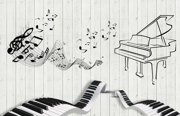 Tapete Holzplanken Hintergrund Klavier Und Musik Symbole Mit Wellenmuster — Stockfoto