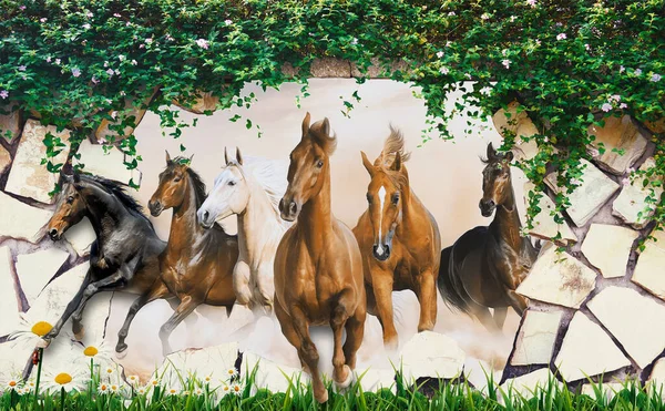 3D nature wallpaper background with seven running horses , 3d wallpaper for wall