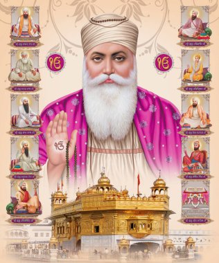 Sih Guru ve Guru Nanak Dev Ji Maharaj 'ın Guru Nanak Jayanti festivali Sih kutlamaları için 3D illüstrasyonu