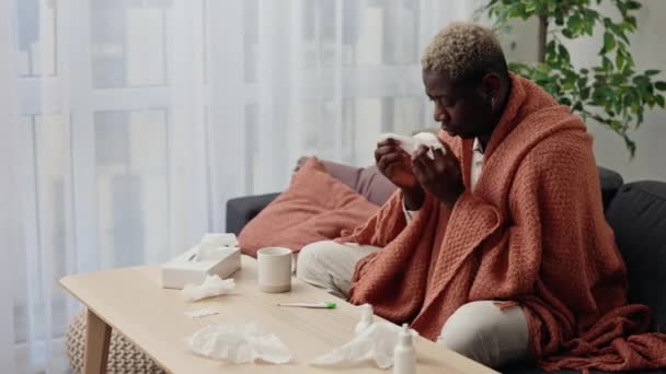 Sick African American Man Self Medication Having Fever Chills Suffering — Stock Video