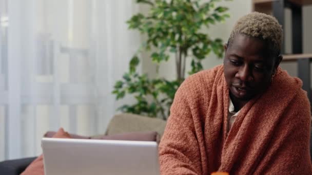 African American Male Patient Sit Living Room Using Laptop Video — Vídeos de Stock