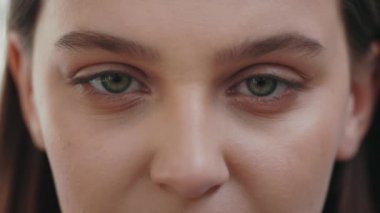 Kameraya doğru bakan genç, beyaz bir kadının yakın plan çekimleri. Genç bayanın yüzü. Deri. Makyaj