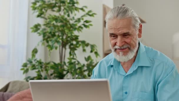 Yetişkin Beyaz Adamın Yakın Görüntüsü Oturma Odasındaki Kanepede Oturan Laptopta — Stok video