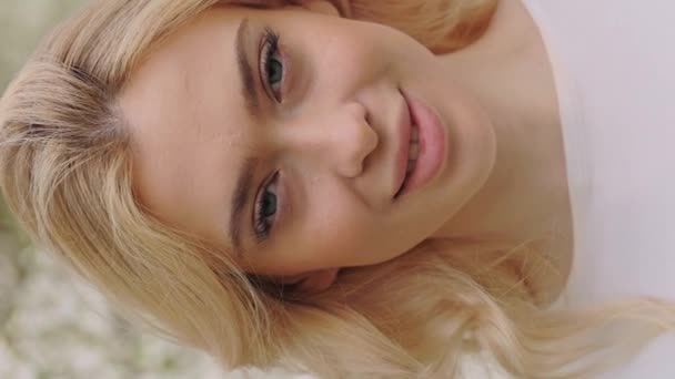 Close Portrait Cute Blonde Female White Sweater Smiling Looking Camera — Stock videók
