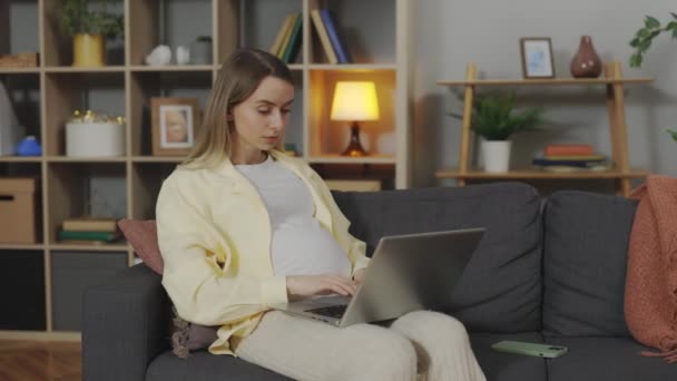 年轻的孕妇坐在舒适的沙发上 正在使用笔记本电脑 迷人的女士为将来的母性寻找有用的信息 网上购物 教育概念 — 图库视频影像