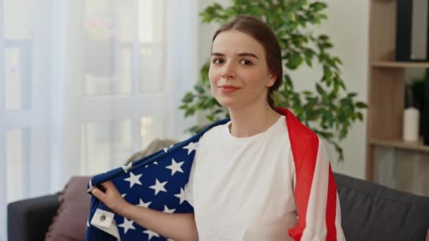 Portrait Happy Young Caucasian Fan Wraps Herself Usa Flag Watching — Video