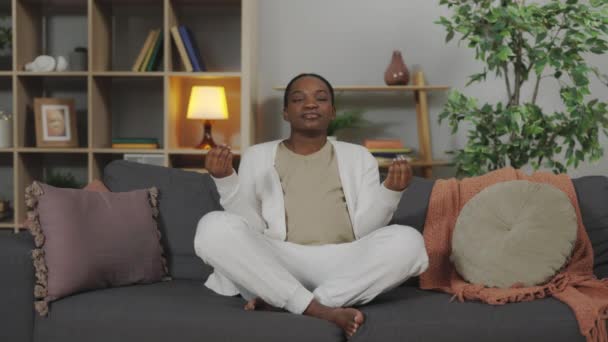 Peaceful African American Pregnant Woman Casual Attire Practicing Yoga Exercises — Video