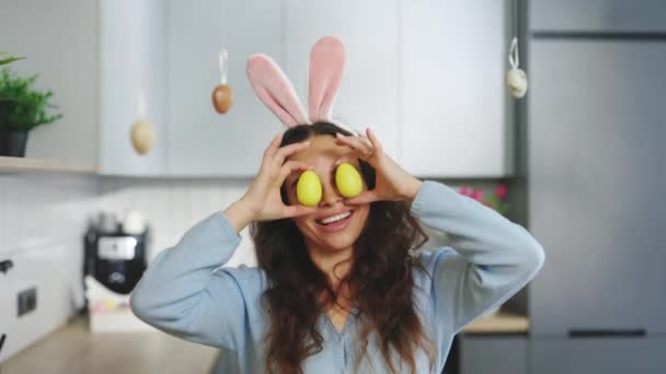 Funny Brunette Woman Rabbit Ears Her Head Standing Decorated Kitchen — Wideo stockowe