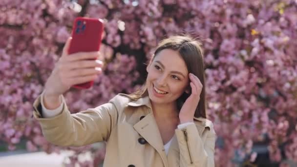 Cheerful Young Woman Beige Trench Coat Using Modern Smartphone Taking — 비디오