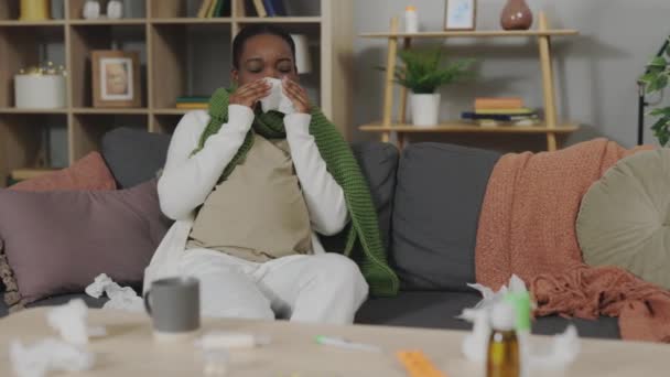 African American Woman Expectation Wrapped Green Scarf Sneezing Tissue Home — Vídeo de stock