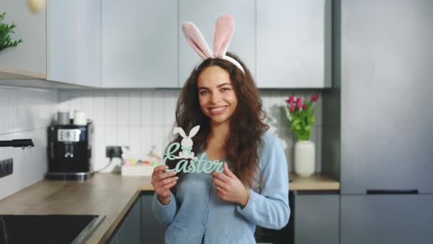 Happy Easter Portrait Smiling Woman Wearing Rabbit Ears Headband Holding — Stock video