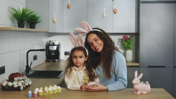 Happy Easter Holiday Mom Daughter Spending Time Together Wearing Bunny — Stock Video