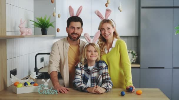 Happy Family Spending Time Together Wearing Bunny Ears Standing Kitchen — Stockvideo