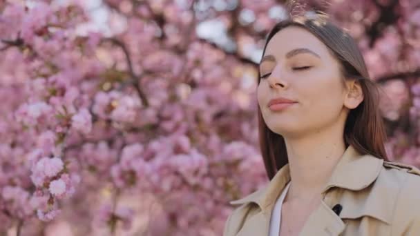 Adorable Caucasian Woman Breathing Deeply Fresh Air Spring Flowering Sakura — Stock video
