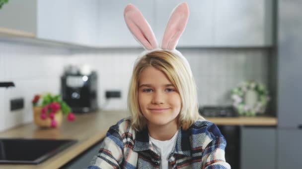 Happy Easter Portrait Cute Little Blonde Boy Wearing Bunny Ears — стоковое видео
