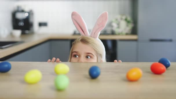 Blonde Little Boy Bunny Ears Getting Ready Easter Holiday Having — Stock video
