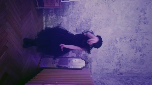 Vertical Video Young Woman Wearing Wednesday Addams Costume Style Dancing — Stock Video