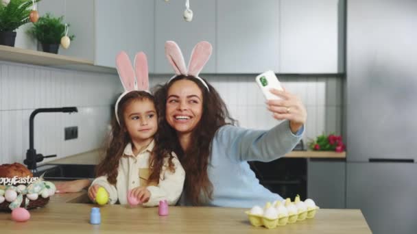 Mother Daughter Doing Selfie Easter Eggs Wearing Bunny Ears Have — Wideo stockowe